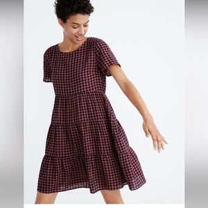 Madewell Short-Sleeve Tiered Mini Dress Gingham Check Pink & Navy Blue Small